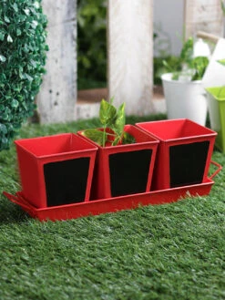 Set Of Three Chalk Board Painted Herb Pots Red