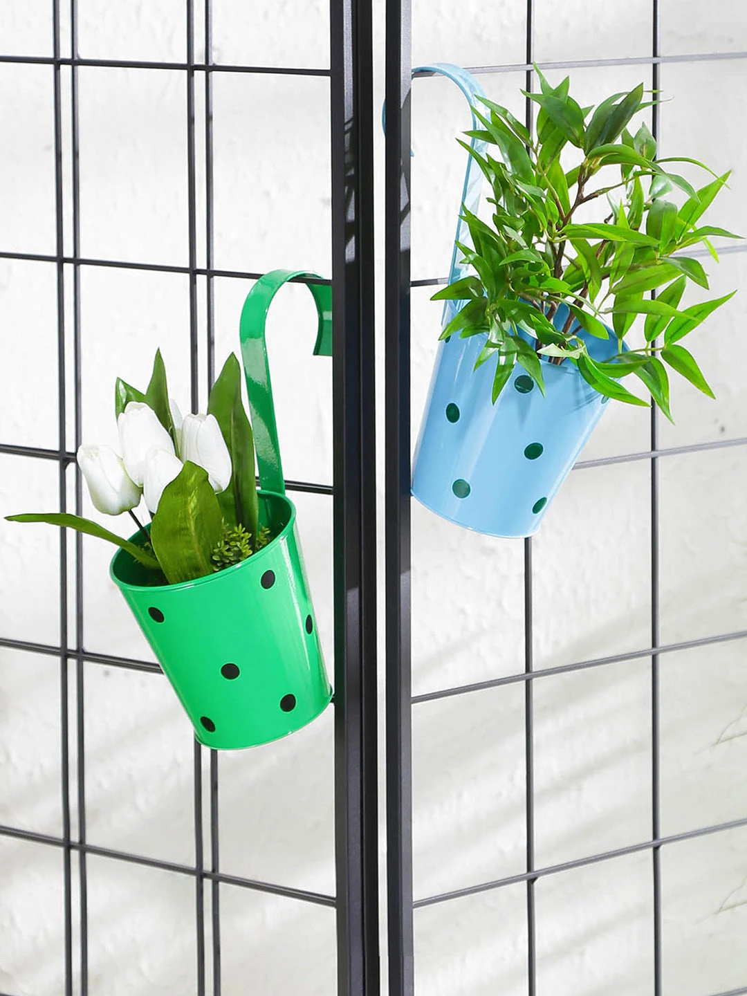 Set Of Two Railling Pot Polka Blue & Green 1 Set Of Two Railling Pot Polka Blue & Green