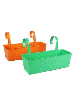 Set Of Two 18'' Embossed Rectangular Planter Orange & Green -Care Flowering Shop orange green metal embossed rectangular rail planters by green girgit set of 2 orange green me qyjgqi 1