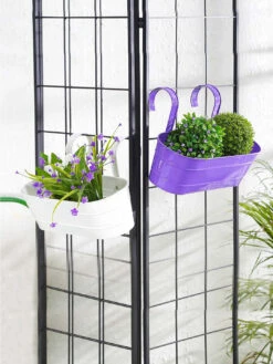 Set Of Two Oval Railing Planter Large Purple & White