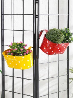 Set Of Two Polka Dot Oval Railling Planter Big Yellow & Red